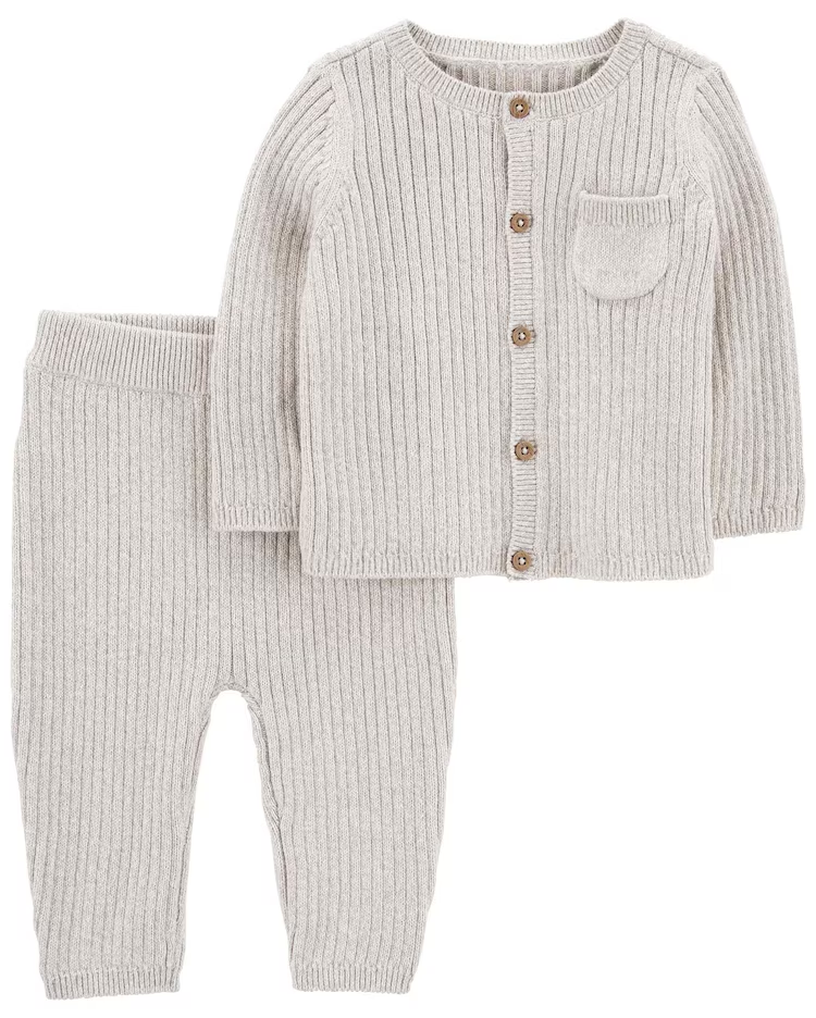 Conjunto longo bebê 2 peças de tricot com bolso cinza
