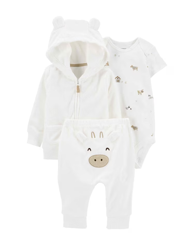 Conjunto longo bebê 3 peças fazendinha branco