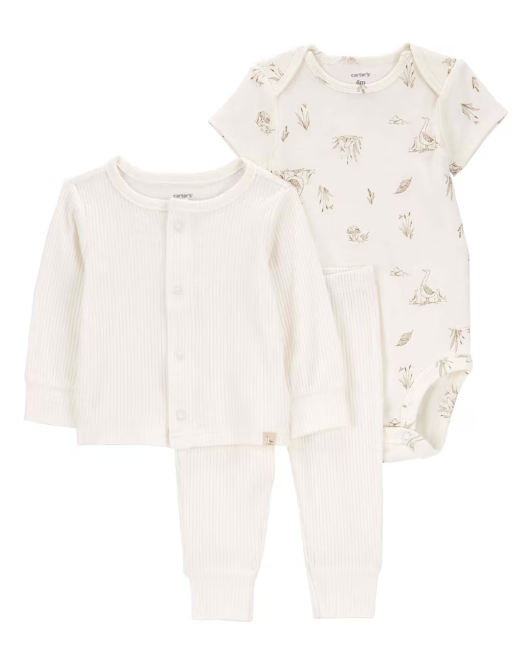 Conjunto longo bebê 3 peças canelado de bichinhos off-white